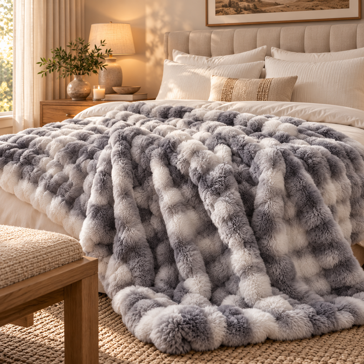 Linfoyer Cozy Faux Rabbit Fleece Throw Blanket