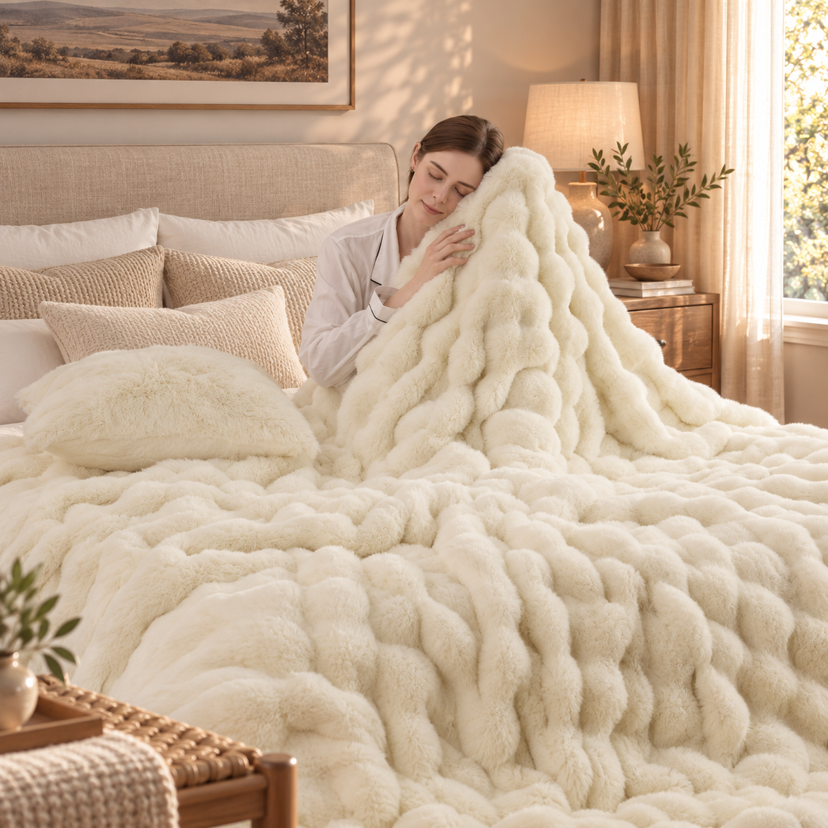 Linfoyer Cozy Faux Rabbit Fleece Throw Blanket