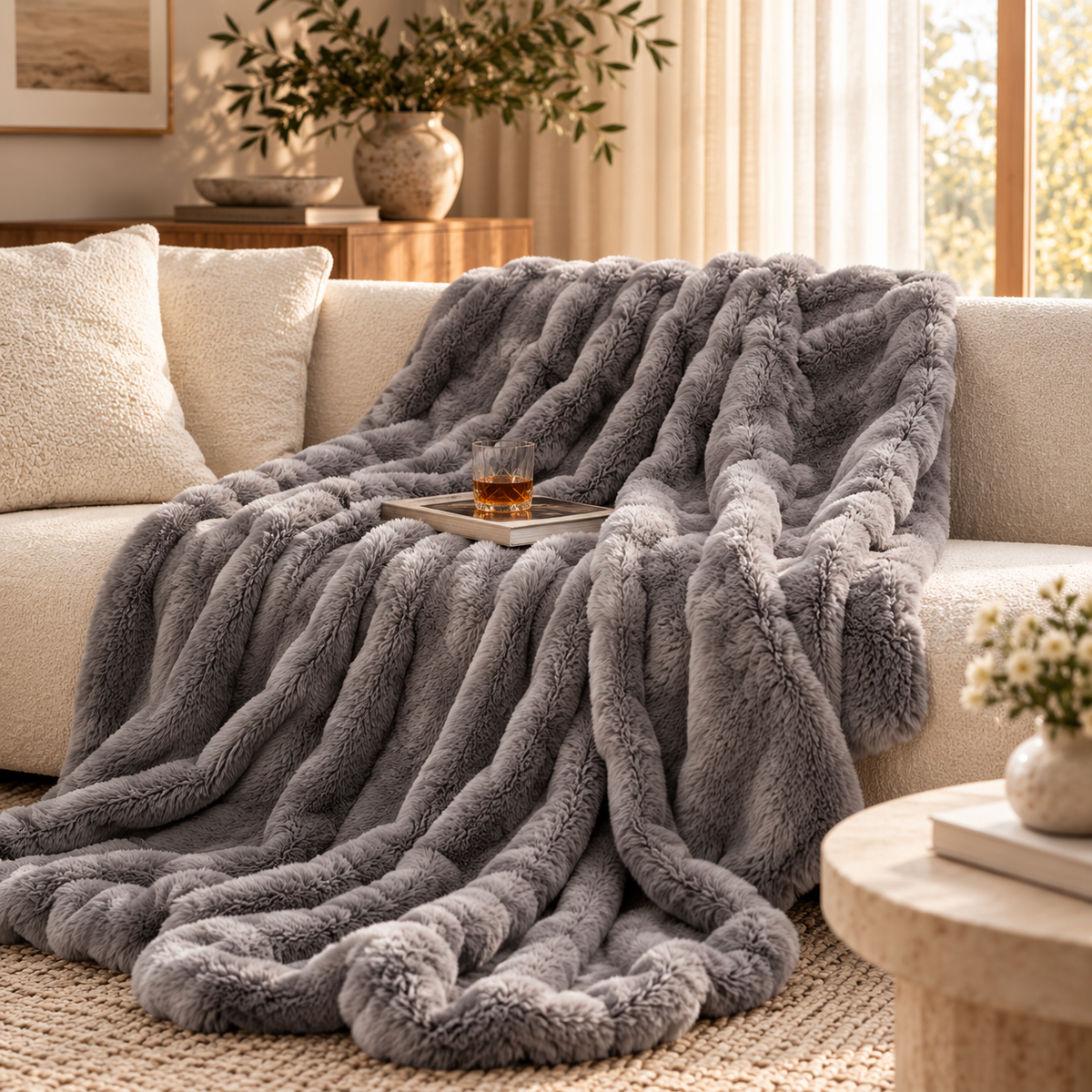 Linfoyer Cozy Faux Rabbit Fleece Throw Blanket