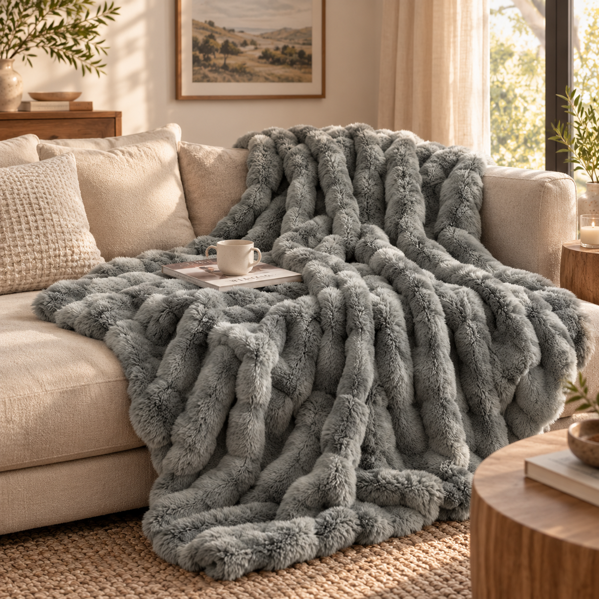 Linfoyer Cozy Faux Rabbit Fleece Throw Blanket