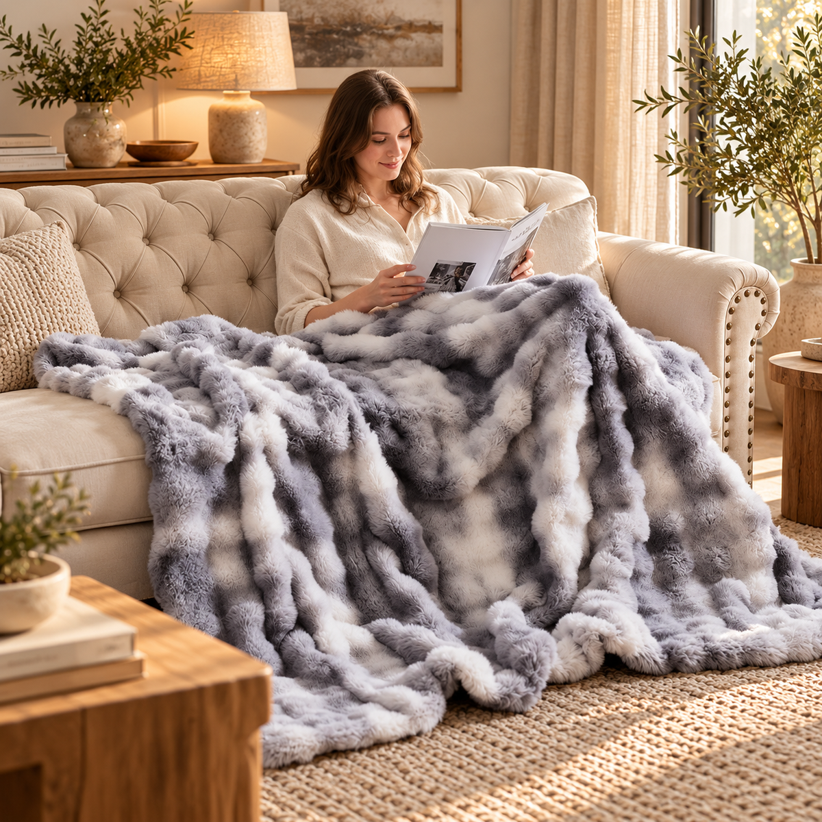 Linfoyer Cozy Faux Rabbit Fleece Throw Blanket