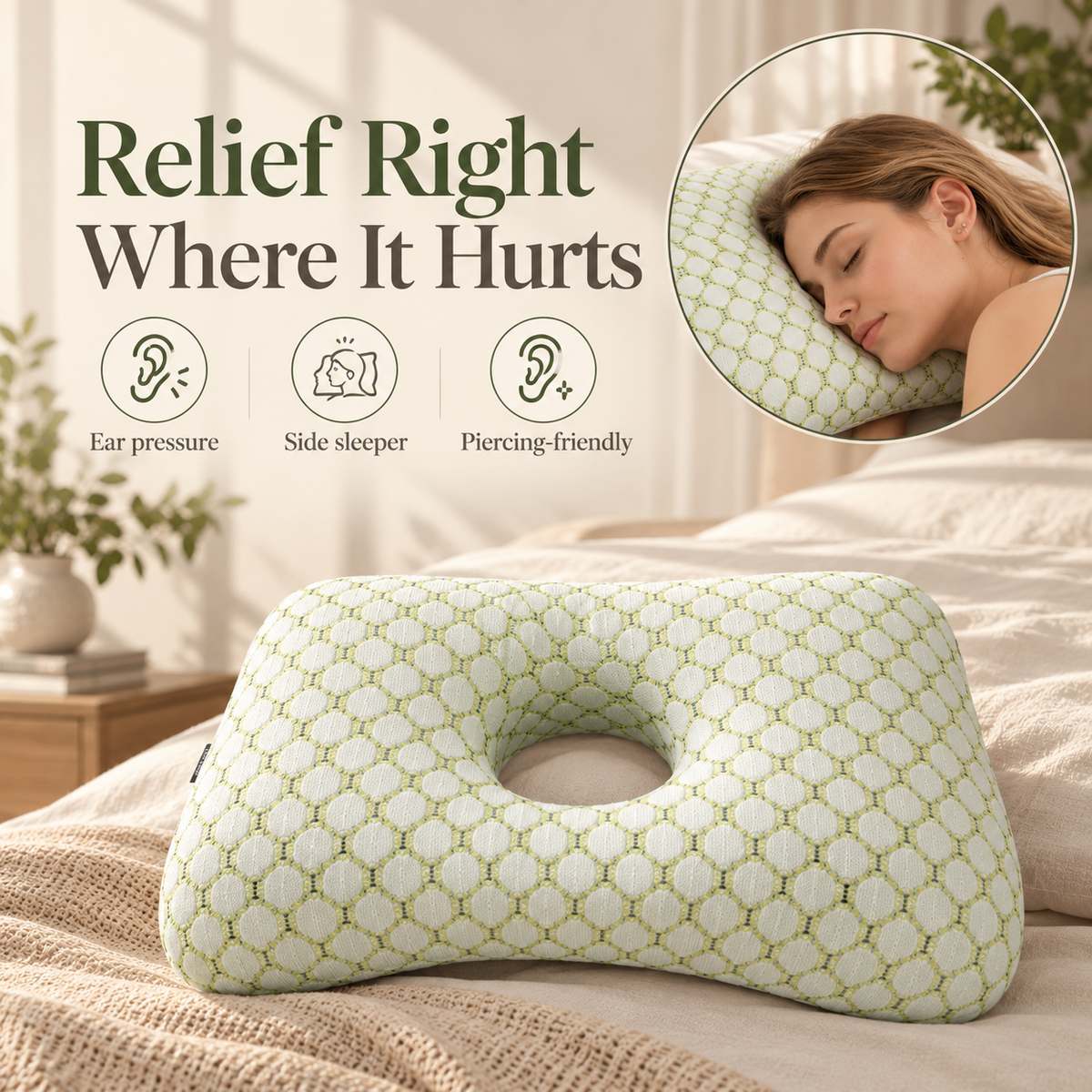 Linfoyer Ear Piercing Donut Pillow – Pain Relief for Side Sleepers