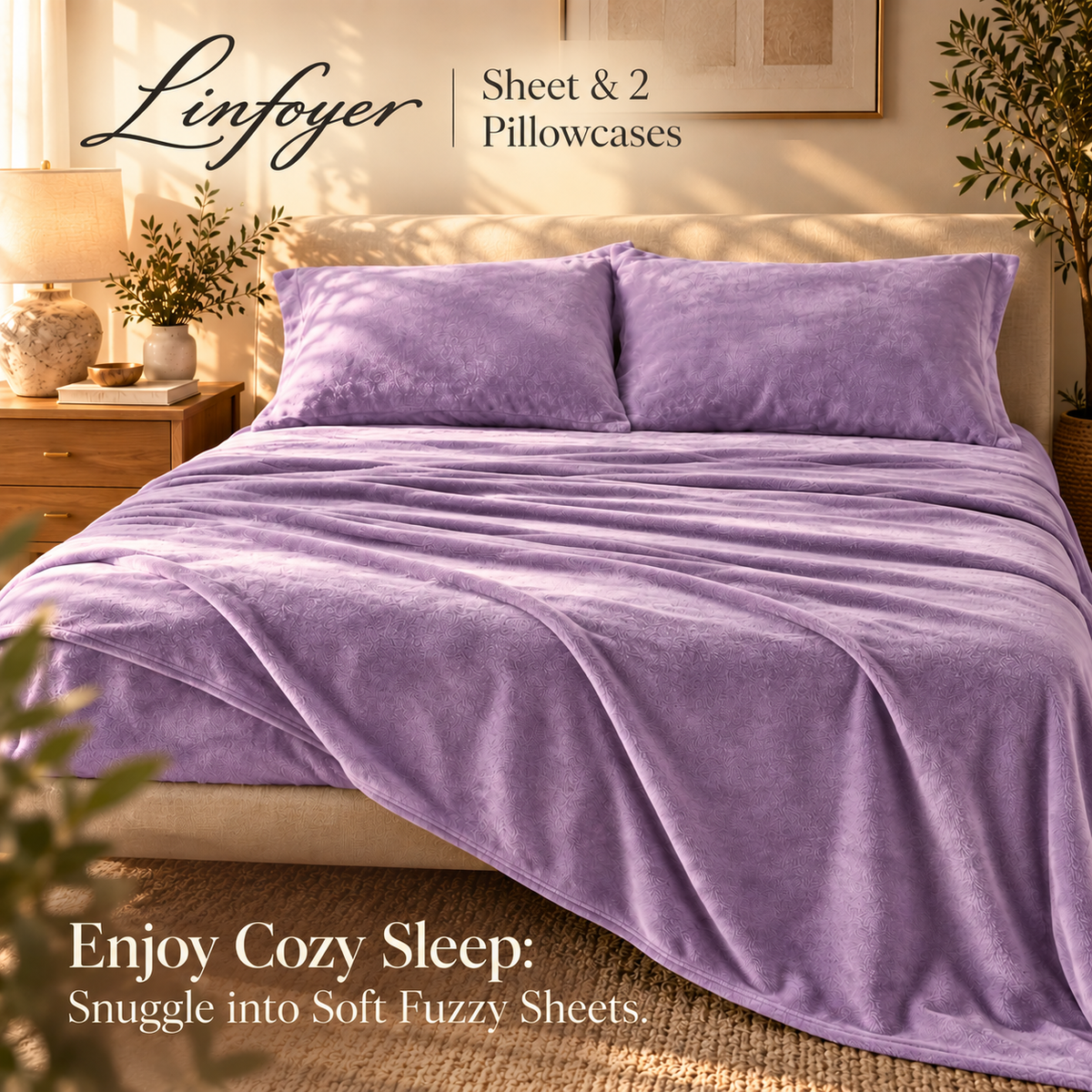 Linfoyer Flannel Fleece Bedding Set (Sheet & 2 Pillowcases)