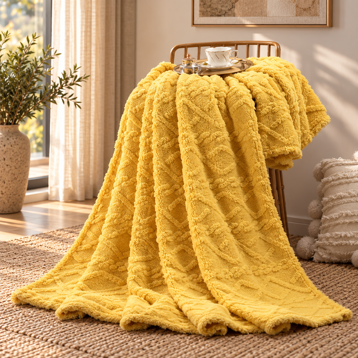 Linfoyer Ruched Faux Fur Cozy Throw Blanket