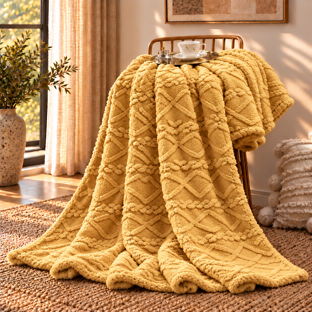 Linfoyer Ruched Faux Fur Cozy Throw Blanket