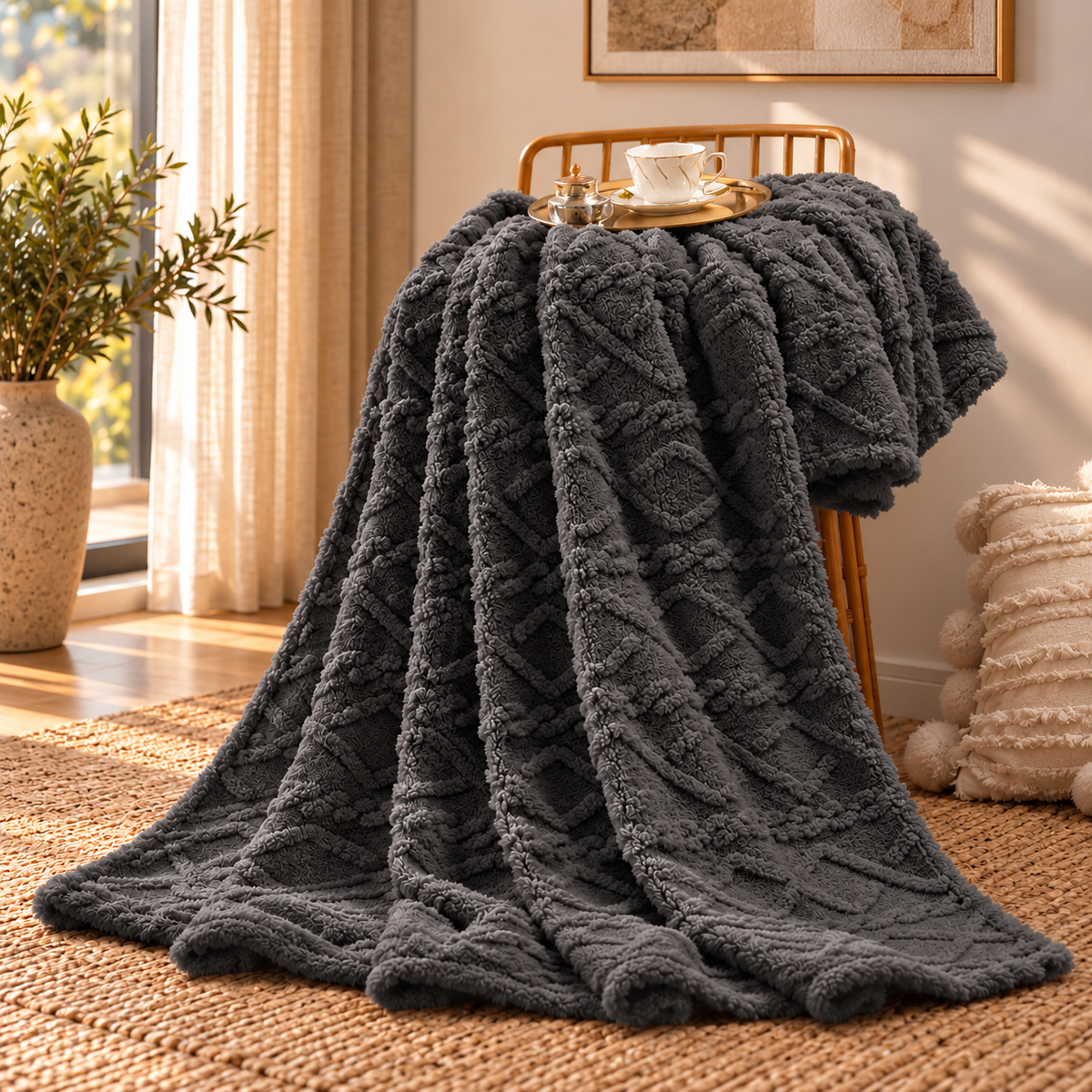 Linfoyer Ruched Faux Fur Cozy Throw Blanket