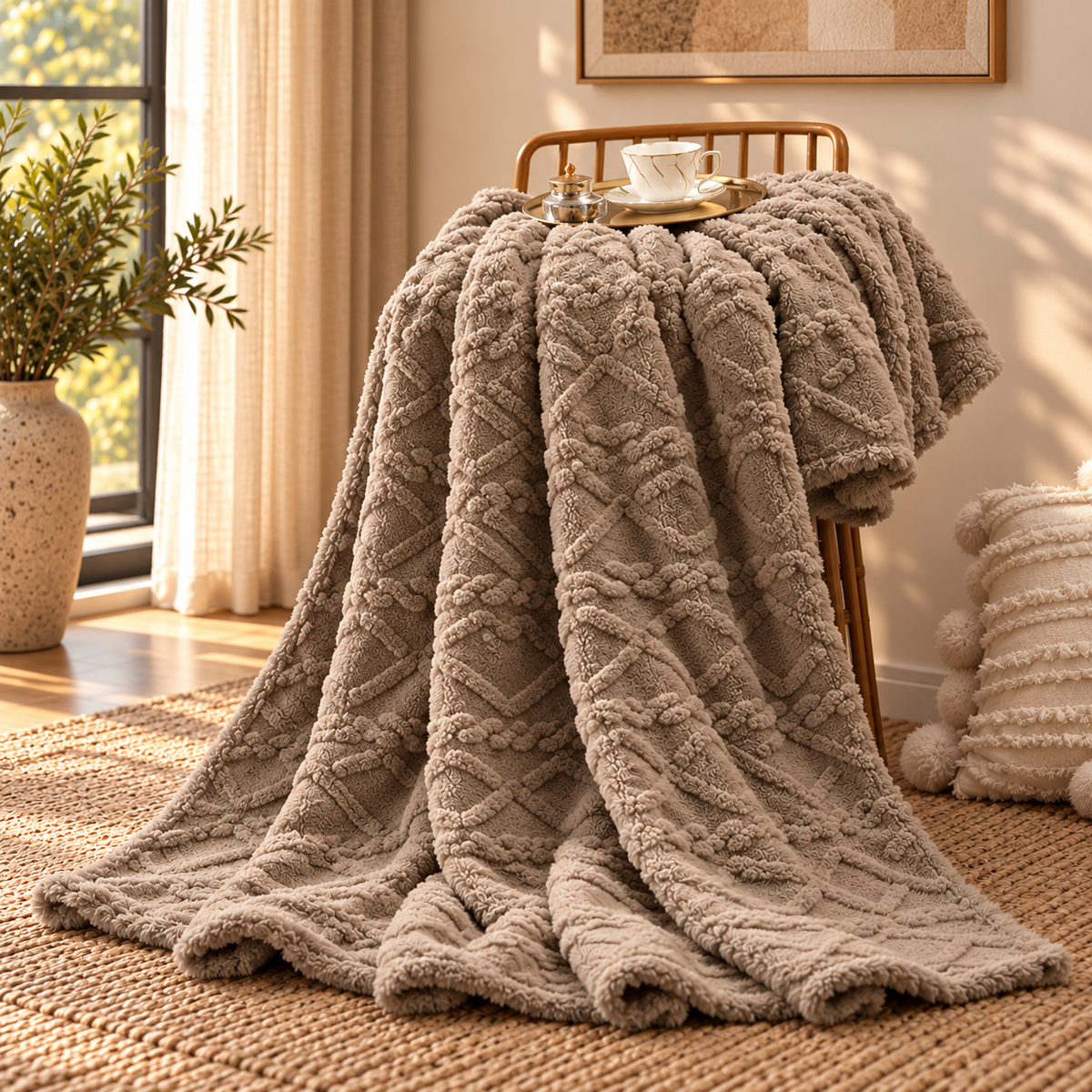 Linfoyer Ruched Faux Fur Cozy Throw Blanket
