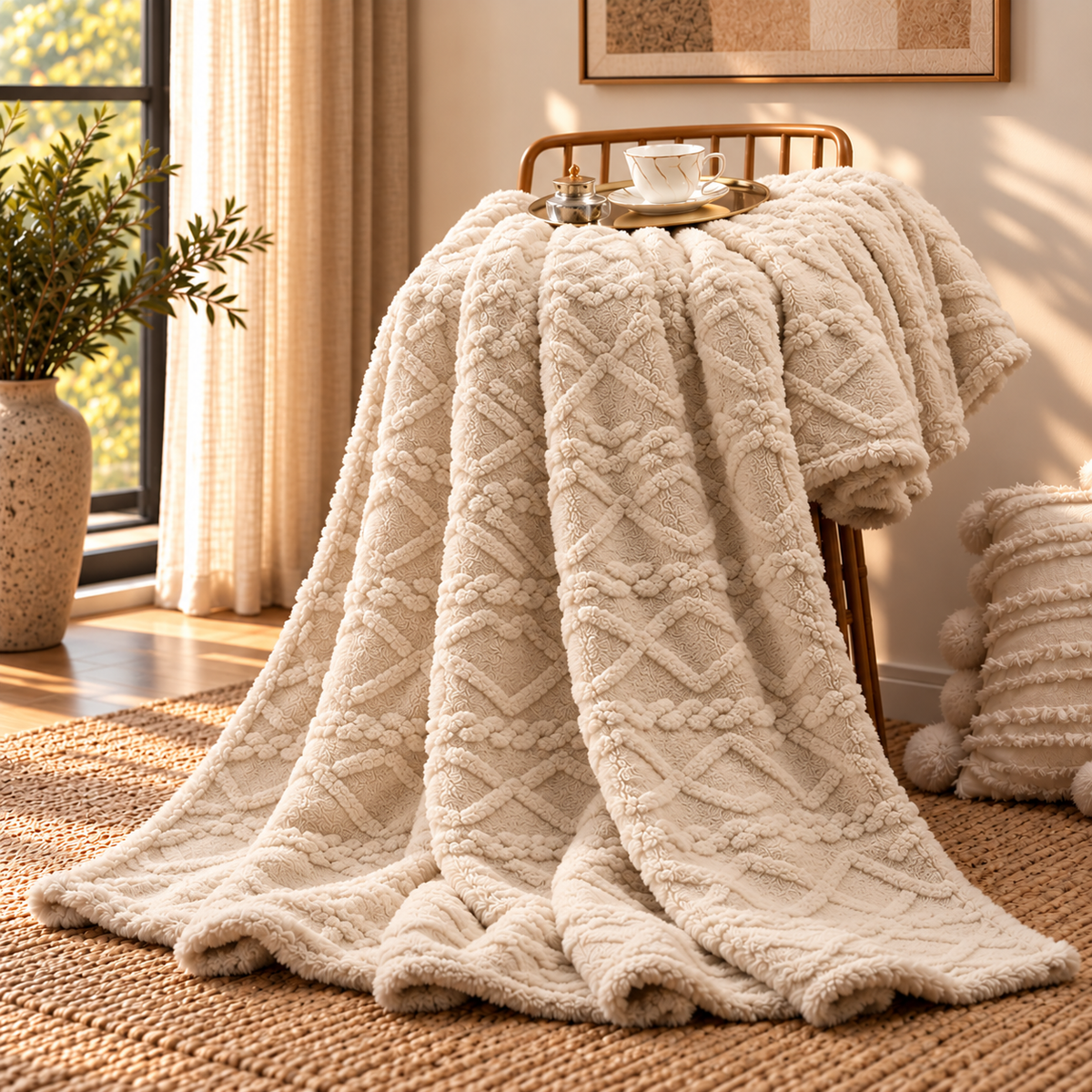 Linfoyer Ruched Faux Fur Cozy Throw Blanket