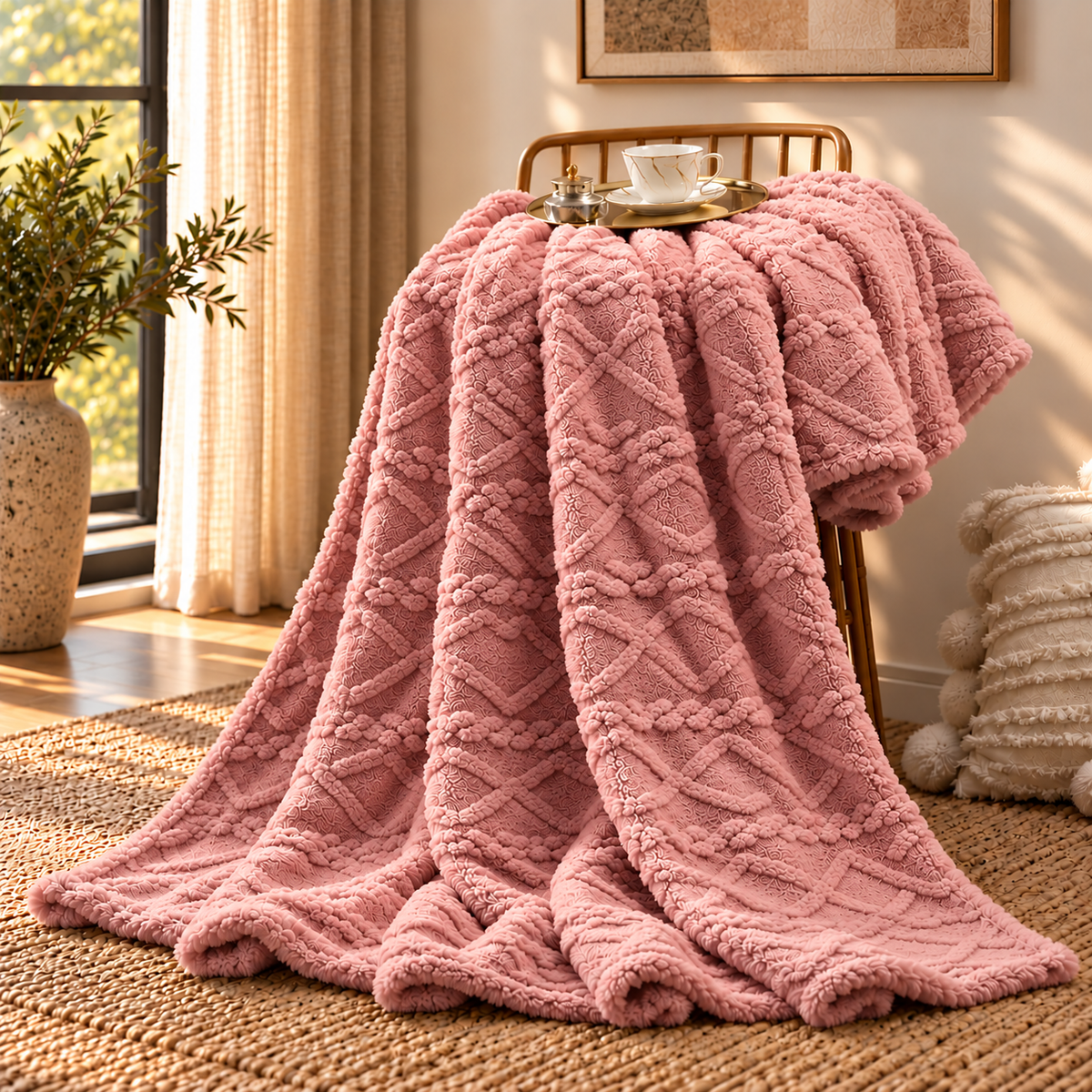 Linfoyer Ruched Faux Fur Cozy Throw Blanket