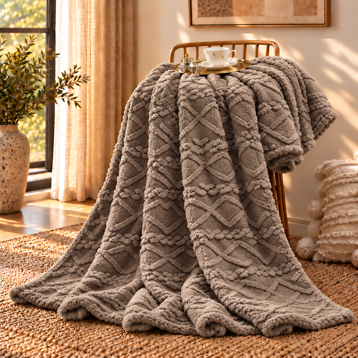 Linfoyer Ruched Faux Fur Cozy Throw Blanket