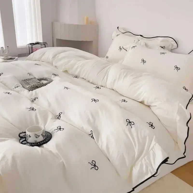 Linfoyer Ruffle Bow Duvet Cover Set (4 Pcs)