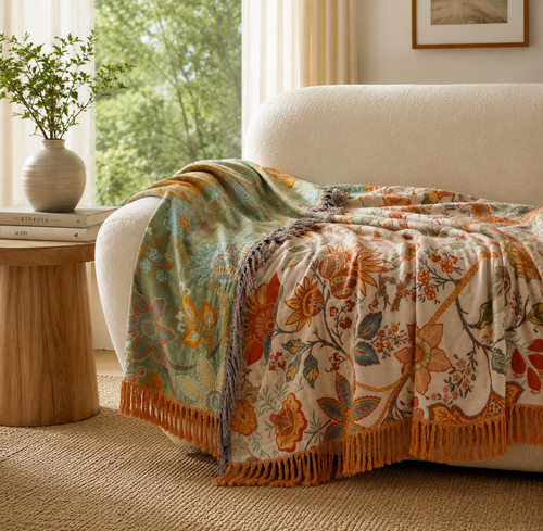 Floral Bohemian Style Blanket | 100% Cotton Rustic Floral Blanket