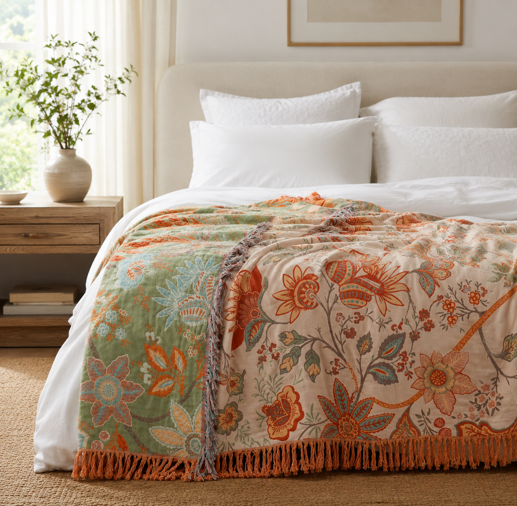 Floral Bohemian Style Blanket | 100% Cotton Rustic Floral Blanket