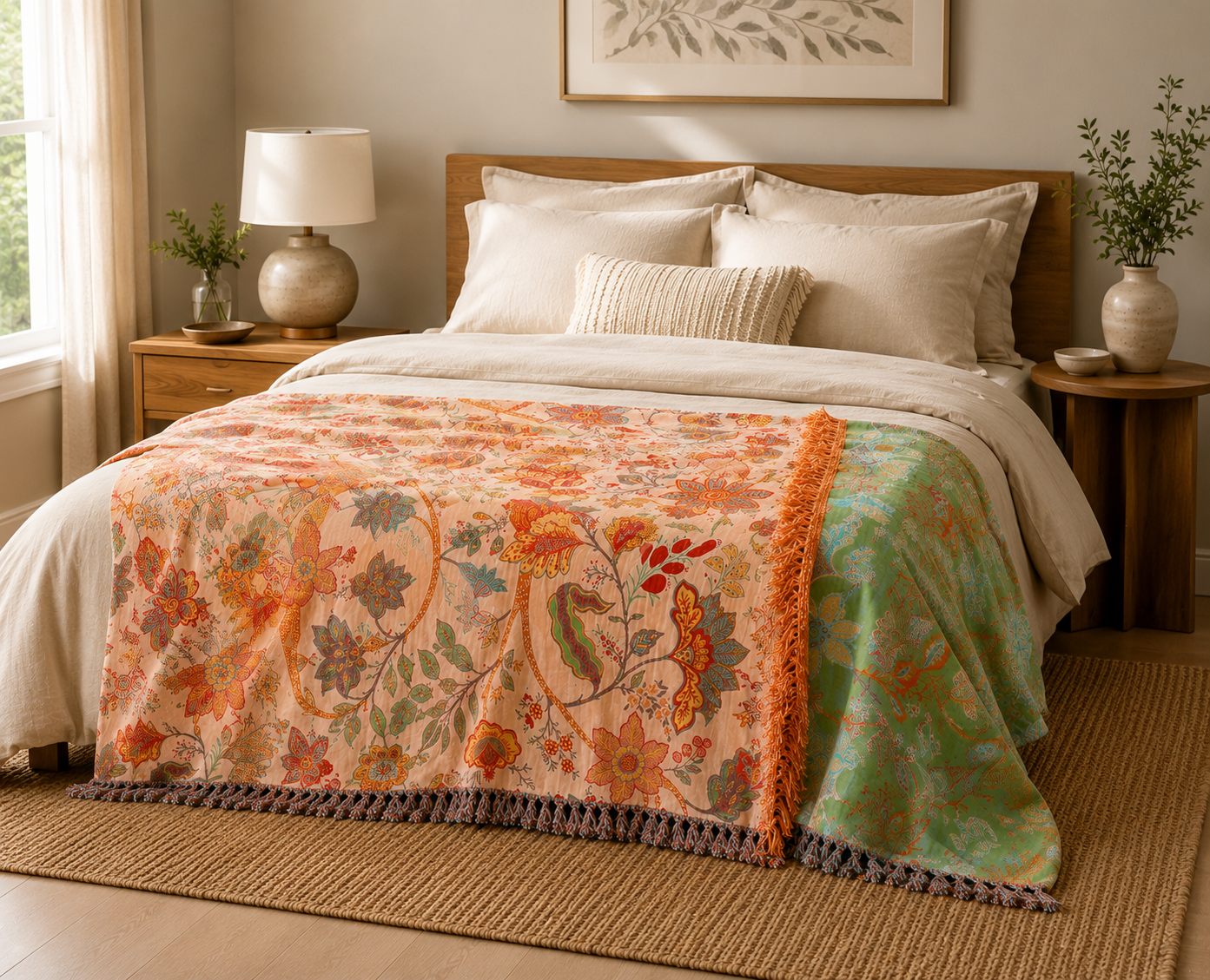 Floral Bohemian Style Blanket | 100% Cotton Rustic Floral Blanket