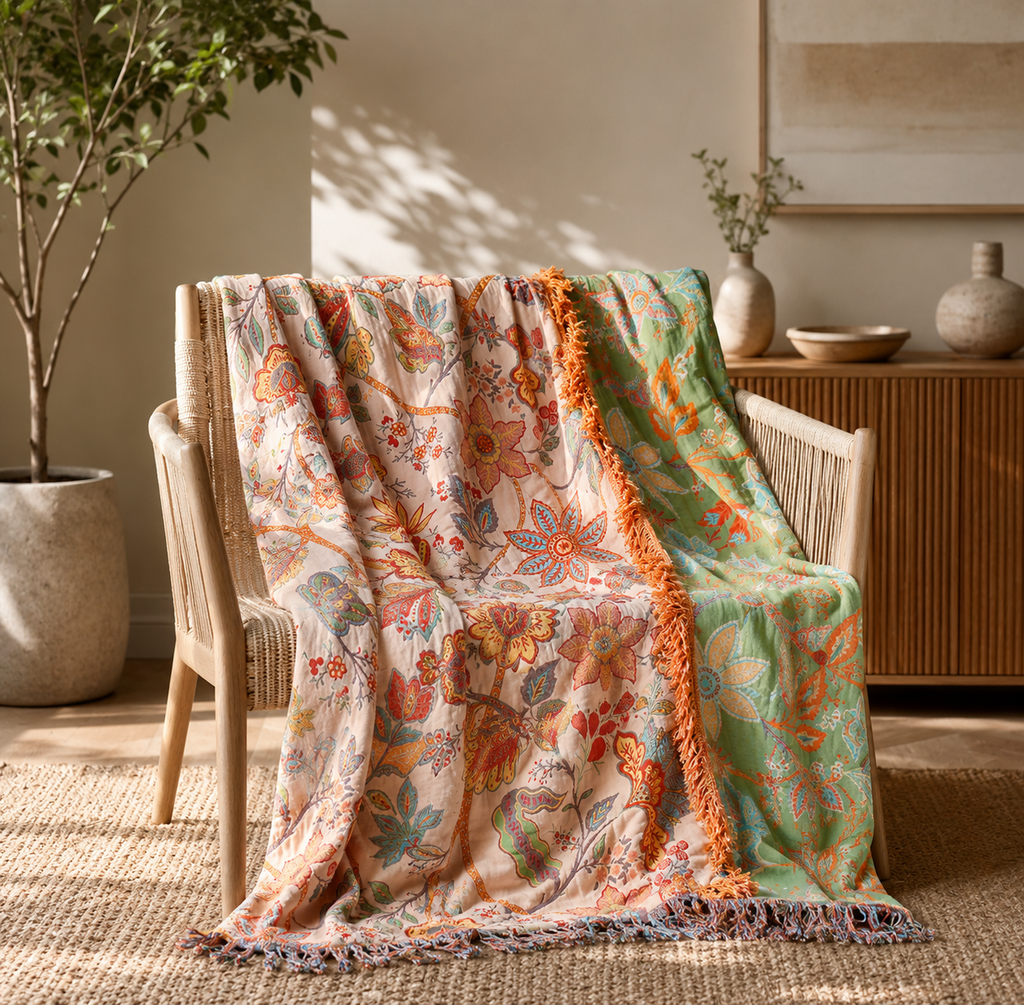 Floral Bohemian Style Blanket | 100% Cotton Rustic Floral Blanket