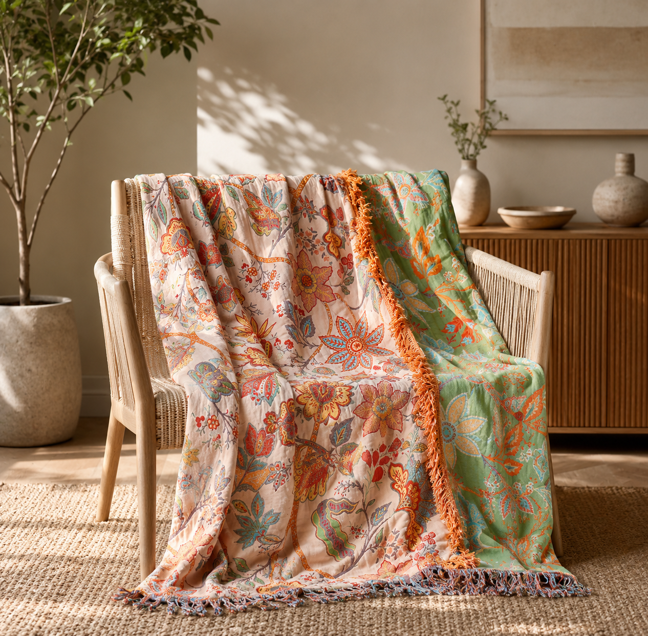 Floral Bohemian Style Blanket | 100% Cotton Rustic Floral Blanket