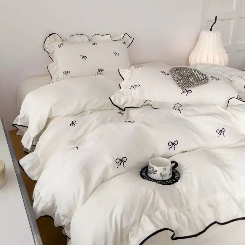 Linfoyer Ruffle Bow Duvet Cover Set (4 Pcs)